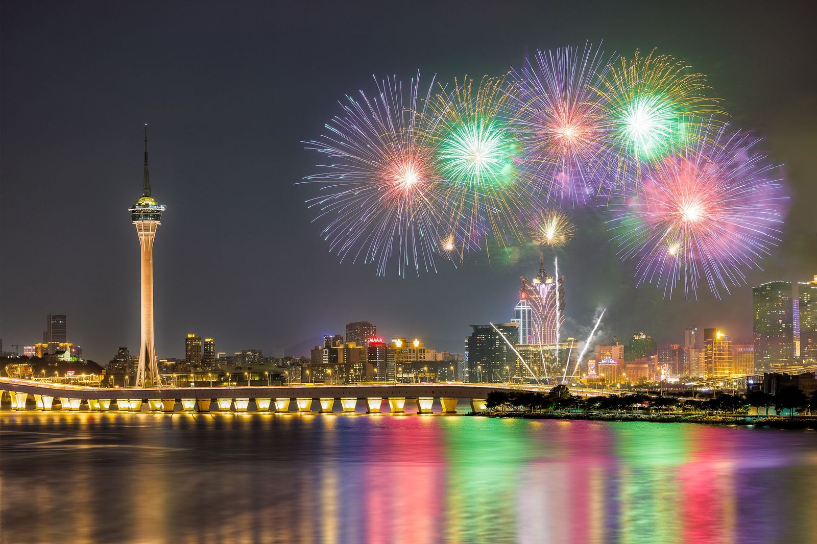 Fireworks over Macau's waterfront at night