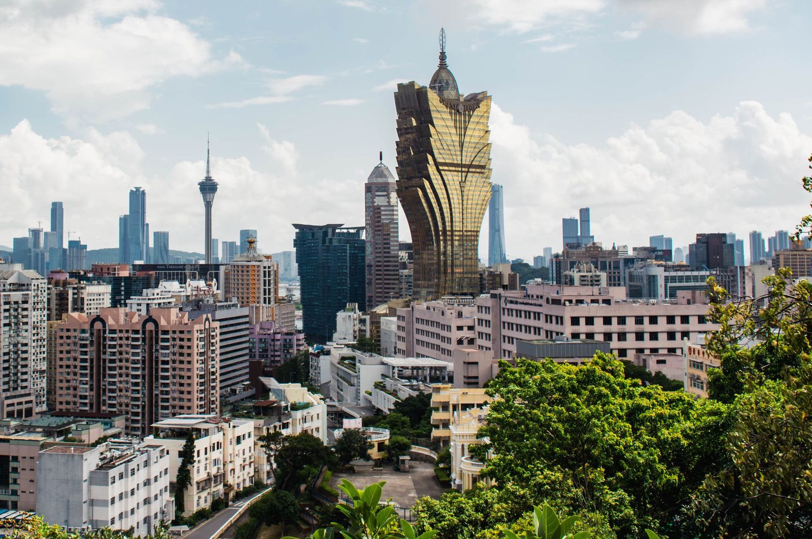 The Grand Lisboa hotel tower on Macau's daytime skyline