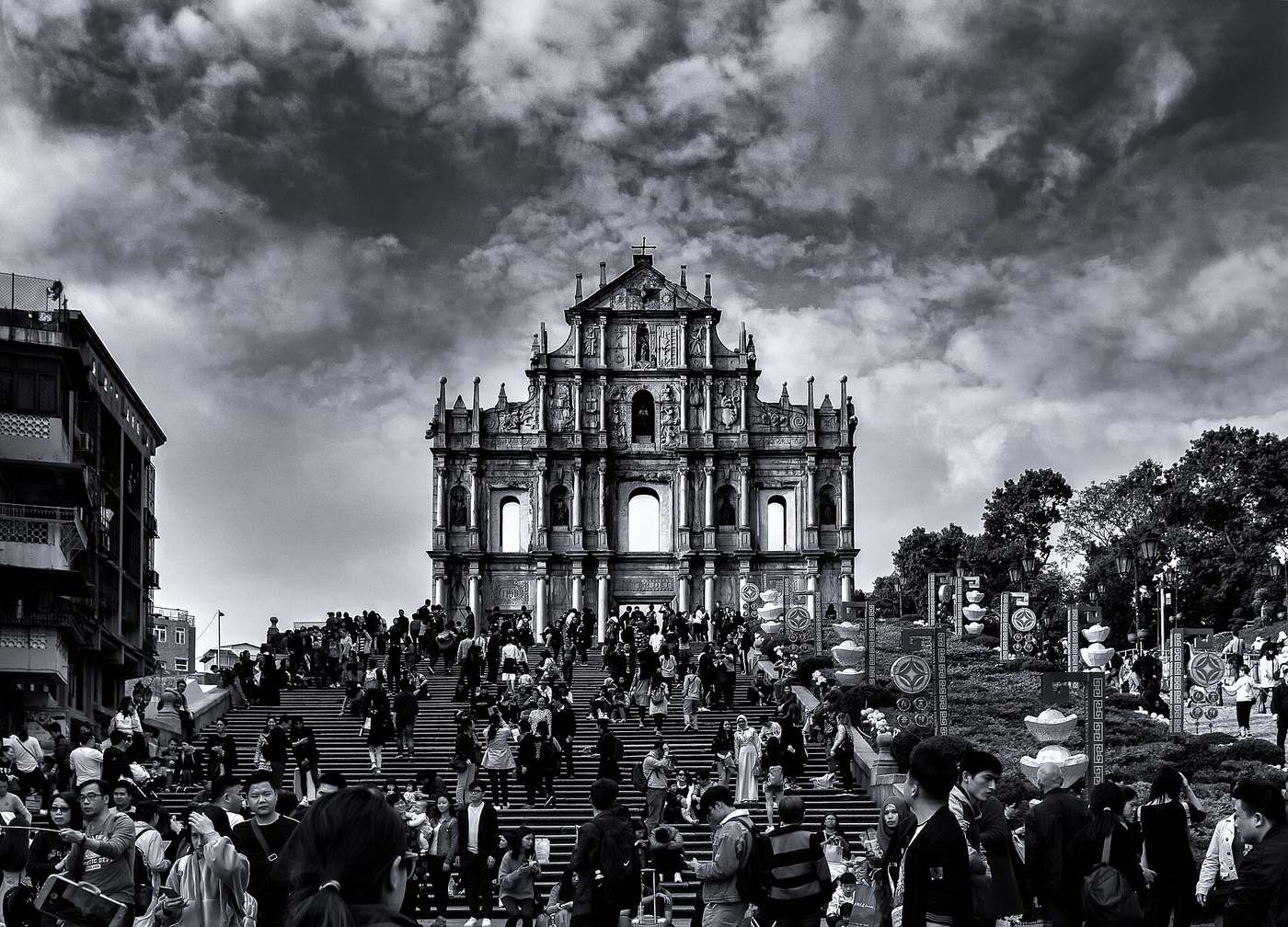 The Ruins of St. Paul's, Macau, the 17th-century stone façade of the Church of Mater Dei, above the square where the FIBA 3x3 World Tour court is set up